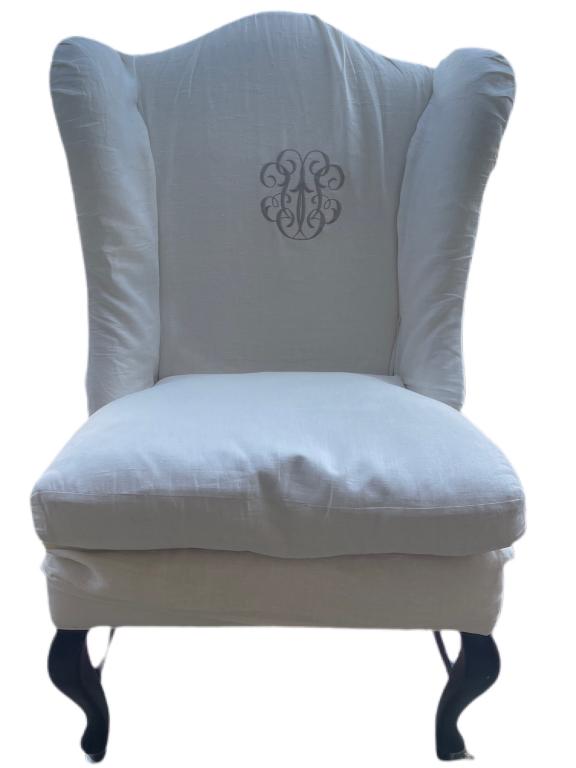DESIGNER WHITE MONAGRAMED DESIGNER ARM CHAIR (1 of 2)