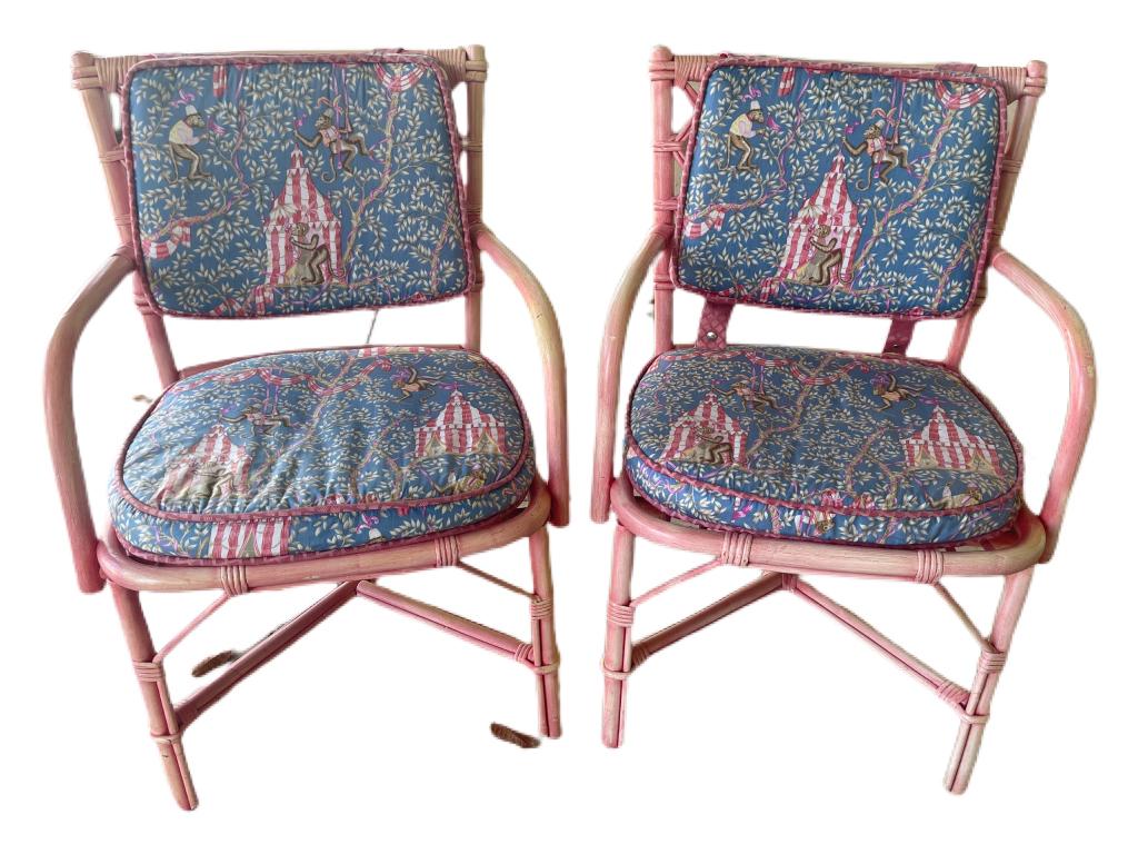 VTG PAIR PNK BAMBOO CHAIRS W/ MONKEY CUSHIONS (1 of 6)