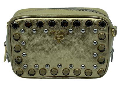 PRADA CRYSTAL STUDDED CROSSBODY BAG: PradaCrystal Studded Crossbody Pochette Bag- GoldCalf Leather- Crystal Studded Saffiano Leather- Yellow Leather- Gold Hardware- 1N1674ALL BAG HAVE BEEN AUTHENTICATED - AAT3128