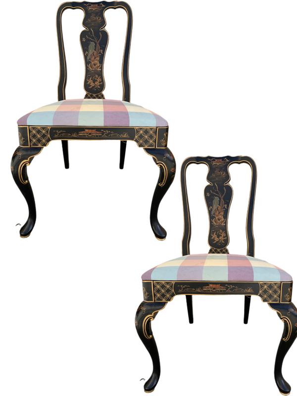 PAIR OF BLACK LACQUER CHINOISERIE STYLE CHAIRS 38" (1 of 10)