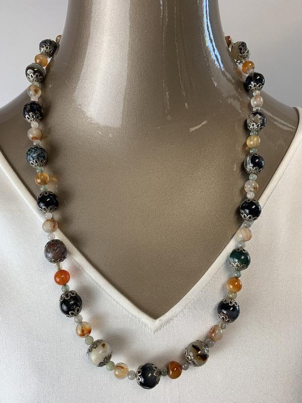 GUY LAROCHE MULTI-COLOR NECKLACE: MULTICOLOR GLASS BEAD NECKLACE WITH BRIGHT ACCENTS- Smoky Gray & Topaz Colored Glass Beads- Bright Filagree Bead Accents- Lobster Claw Clasp