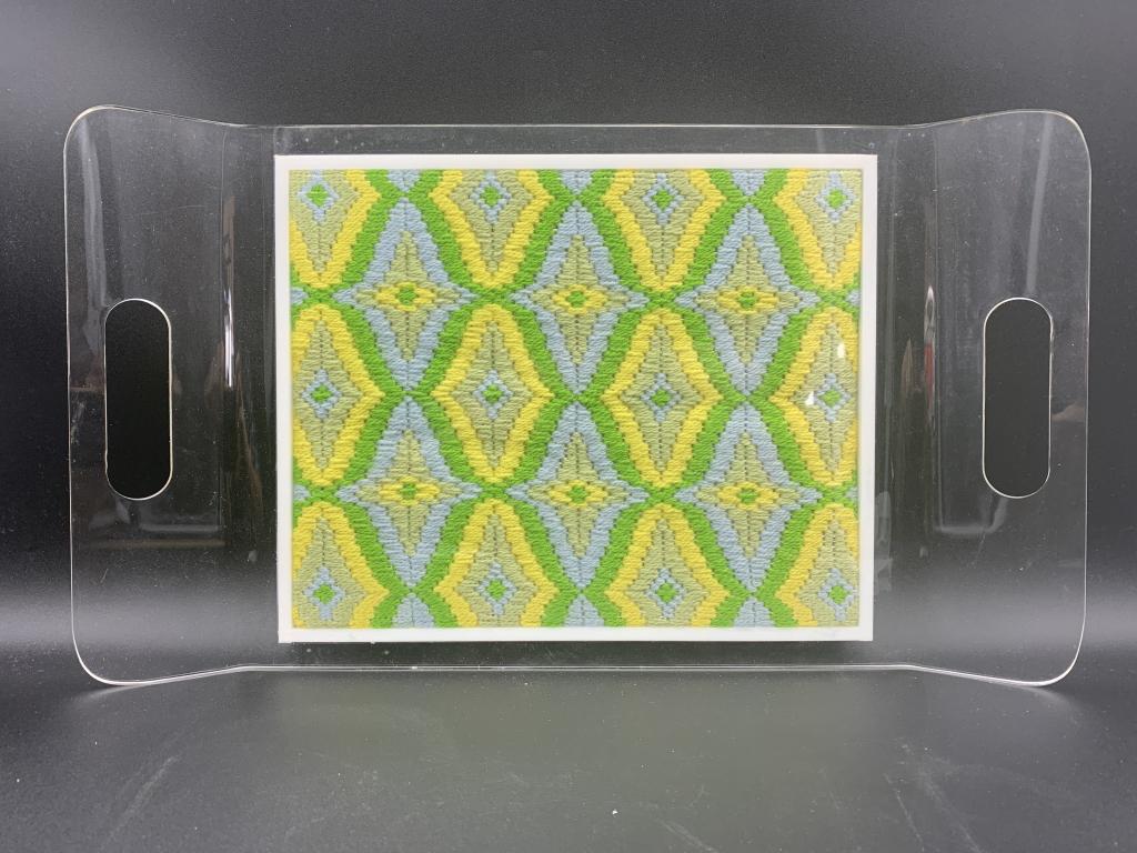 VINTAGE LUCITE SERVING TRAY: VINTAGE LUCITE SERVING TRAY -FOOTED PLATFORM-LIGHT YELLOW AND GREEN COLORS