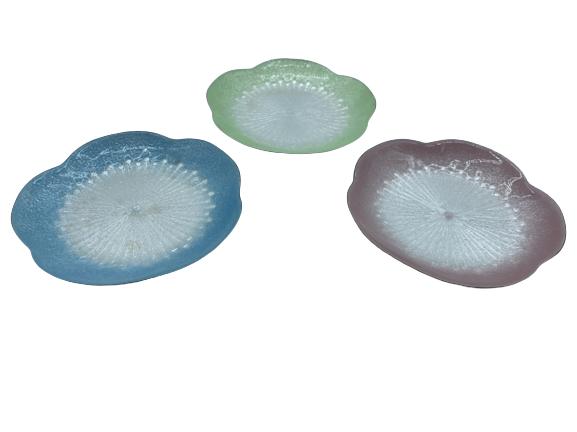 3 MID CENTURY STYLED REX ENAMELED COASTERS: 3 MID CENTURY STYLED REX ENAMELED COASTERS- Blue, Green & Pink Color- Metal Base