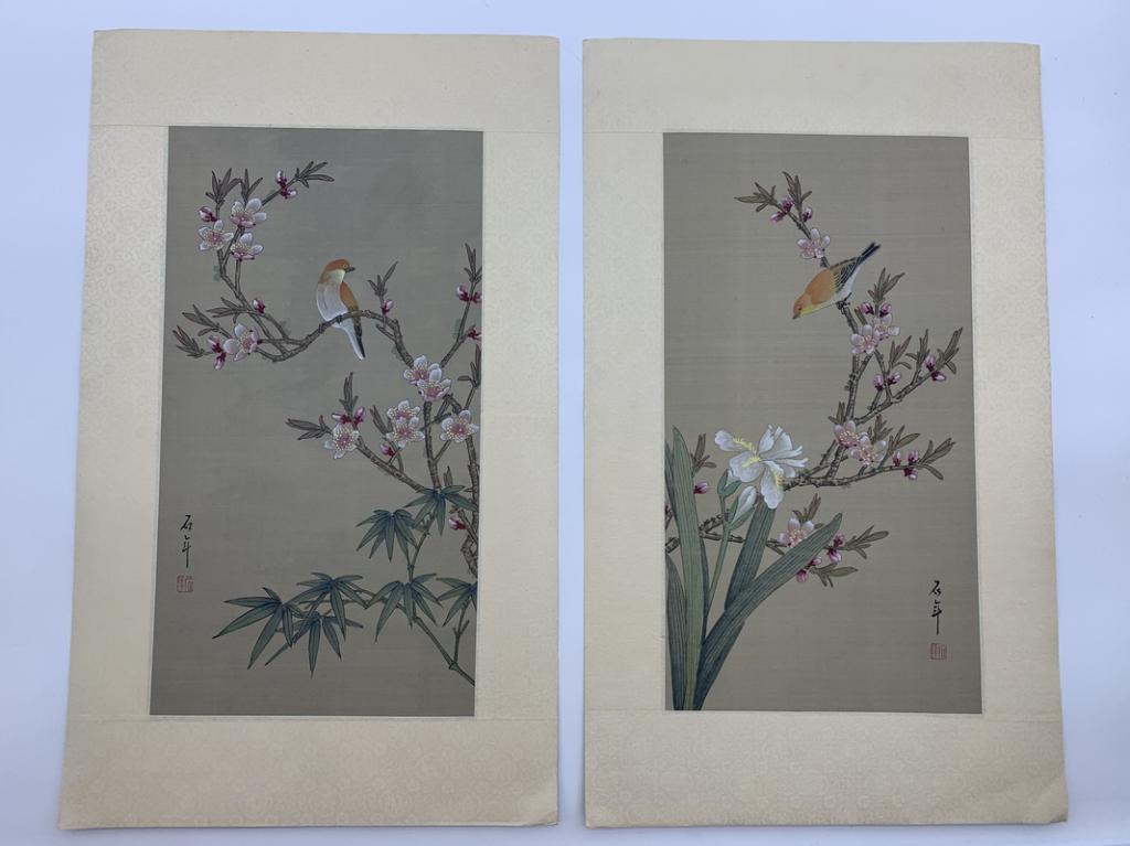 PAIR OF ASIAN SILK PAINTED BIRD ARTWORK (1 of 4)