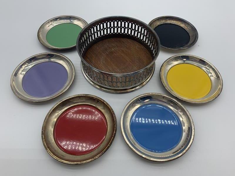 6 TOWLE STERLING MID CENTURY MULTICOLORED COASTERS: 6 TOWLE STERLING MID CENTURY MULTICOLORED COASTERS - Coaster Holder with Wood Trim- Various Enameled Multi-Colored Painted Center- Towle Sterling 101