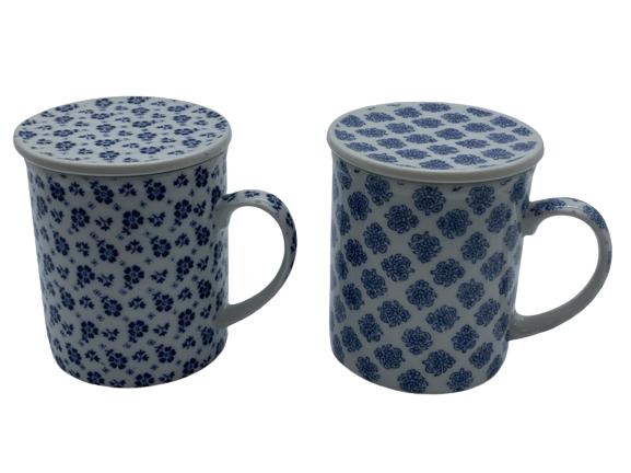 PAIR OF BLUE PATTERNED PORCELAIN TEA CUPS WITH LID (1 of 3)
