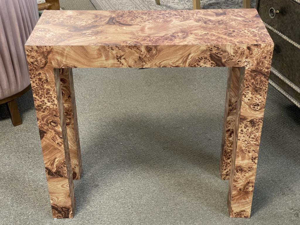 BURLWOOD STYLE CONSOLE TABLE 30": BURLWOOD STYLE CONSOLE TABLE-29" X 12" X 30" APPROX-GOOD OVERALL CONDITION WEAR CONSISTENT WITH AGE -DP4622