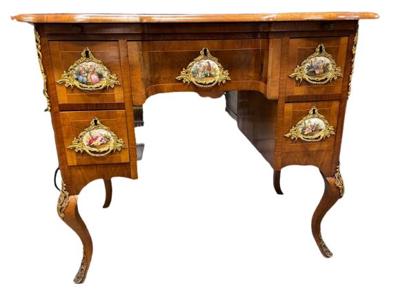 ROCOCO MOUNTED FRUITWOOD LADIES WRITING DESK 36": VINTAGE ROCOCO MOUNTED INLAID FRUITWOOD LADIES WRITING DESK WITH SEVRES STLE PORCELAIN PLAQUES AND ORMULU DETAIL-31" X 36" X 23" APPROX-VERY GOOD CONDITION WEAR CONSISTENT WITH AGE AND USE-DP117221