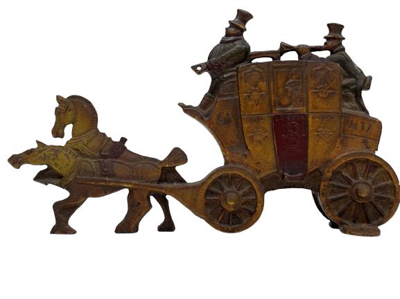 1930 CAST IRON HORSE & MAIL CARRIAGE DOORSTOP 12": VINTAGE 1930 CAST IRON HORSE & ROYAL MAIL CARRIAGE DOORSTOP -7" X 12" X 3" APPROX-VERY GOOD OVERALL CONDITION -DP41222