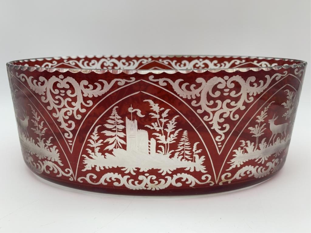ANTIQUE BOHEMIAN CUT TO CLEAR CRANBERRY OVAL BOWL (1 of 5)