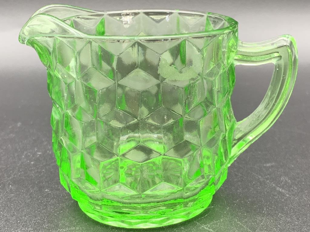 VINTAGE JEANETTE CUBIST GREEN CREAMER PITCHER: VINTAGE JEANETTE CUBIST GREEN CREAMER PITCHER - Rare Green Depression Glass- Stands Over 3" Tall- Good Used Condition Consistent with Age (See Photos)