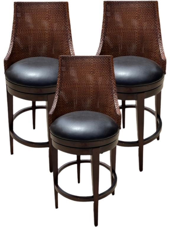 SET OF 3 WOVEN LEATHER & WOOD SWIVEL BAR STOOLS (1 of 6)