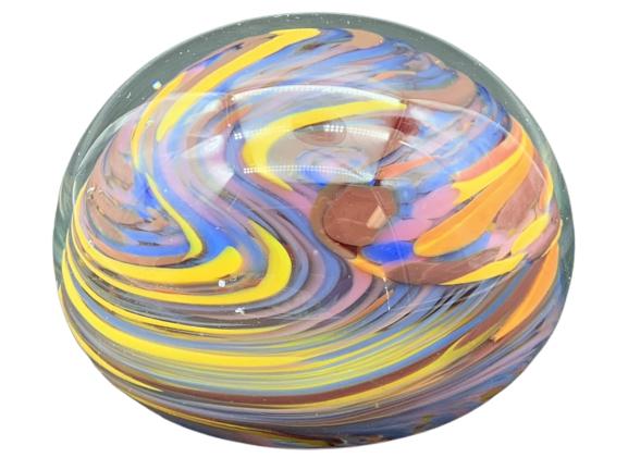 ARTIST JIM DAVIS HAND BLOWN GLASS SWIRL PAPERWEIGT: ARTIST JIM DAVIS HAND BLOWN GLASS SWIRL PAPERWEIGHT- Stamped Magic of Glass Co 1979- Shades of Yellow, Brown, Orange and Blue- Used Condition Consistent with Age (See Photos)
