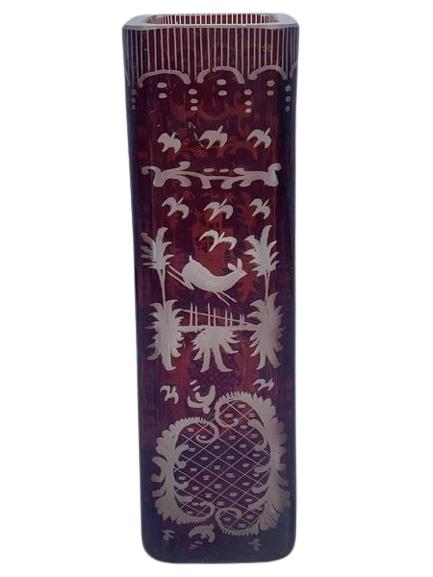 BOHEMIAN CUT TO CLEAR CRANBERRY TALL VASE (1 of 4)