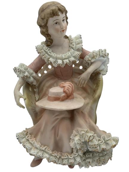DRESDEN STYLE PORCELAIN BISQUE WOMAN WICKER CHAIR: DRESDEN STYLE PORCELAIN BISQUE WOMAN WICKER CHAIR- Hand Painted Porcelain with Gold Leaf Accents- Delicate and Intricate Details- Over 5.5" Tall- Good Used Condition Consistent with Age (See Photos)