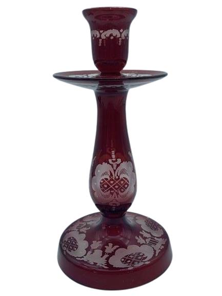 BOHEMIAN CUT TO CLEAR CRANBERRY CANDLE HOLDER (1 of 4)