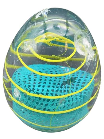 YELLOW & TEAL HAND BLOWN GLASS PAPERWEIGHT (1 of 4)