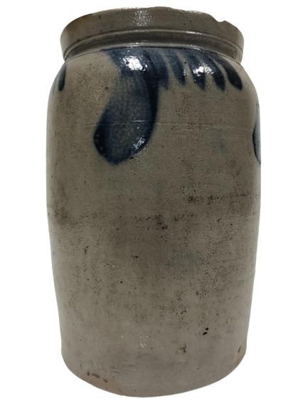 EVAN. R JONES STONEWEAR POTTERY CROCK 10.5": EVAN. R JONES STONEWEAR POTTERY CROCK WITH COBALT BLUE PATTERN-10.5" X 6.5" APPROX GOOD OVERALL CONDITION, WEAR CONSISTENT WITH AGE AND USE, SEE ALL PHOTOS, CHIPPING TO TOP -DP41522