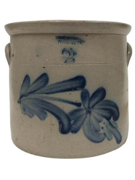 EVAN. R JONES STONEWEAR POTTERY CROCK 10": EVAN. R JONES STONEWEAR POTTERY CROCK WITH COBALT BLUE PATTERN-10.5" X 9.5" APPROX GOOD OVERALL CONDITION, WEAR CONSISTENT WITH AGE -DP41922