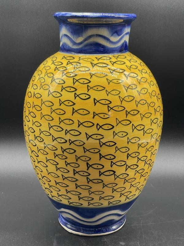 BOLD YELLOW & BLUE PERSIAN POTTERY FISH VASE (1 of 6)