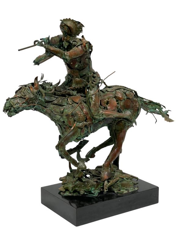 HY SNELL MID MOD BRUTALIST SCULPTURE 23": HY SNELL (1919) MID CENTURY MODERN BRUTALIST SCULPTURE -NATIVE INDIAN ON HORSE WITH RIFLE MADE OPF SCRAP WELDED BRONZE COPPER BRASS METAL AND COINS ON BLACK STONE BASE-SIGNED ON LEFT LEG-23" X 23" X 8