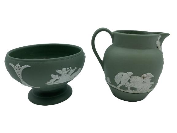 VINTAGE WEDGEWOOD JASPERWARE CREAM & SUGAR: VINTAGE WEDGEWOOD JASPERWARE CREAM & SUGAR- Classic Celadon Green- Made in England- Very Good Used Condition Wear Consistent with Age and Use (See Photos)