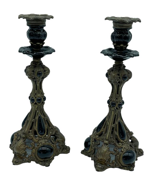 CASTILIAN BRASS & BLACK LACQUER CANDLE HOLDERS (1 of 8)