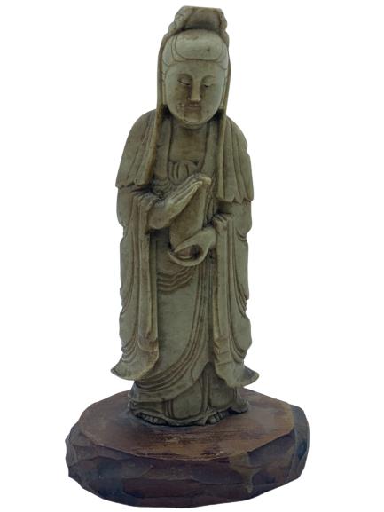 ANTIQUE ASIAN CHINESE SOAPSTONE BUDDHA WOOD BASE: ANTIQUE ASIAN CHINESE SOAPSTONE BUDDHA WOOD BASE- Wooden Base- Over 7.5" Tall- Very Good Used Condition Consistent with Age and Use (See Photos)