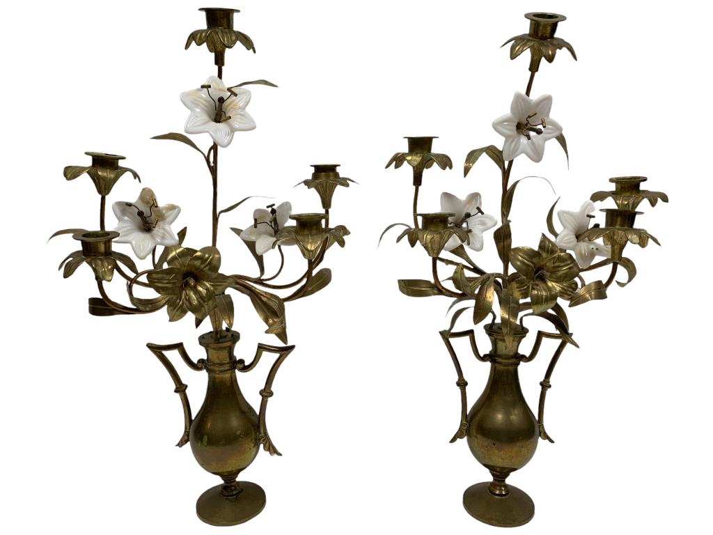 2 ANTIQUE FRENCH BRASS GLASS LILIES CANDLE HOLDERS (1 of 4)