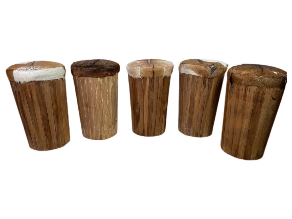 SET OF 5 RUSTIC WOOD & NATURAL COWHIDE STOOLS 20" (1 of 10)