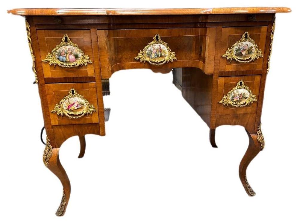 ROCOCO MOUNTED FRUITWOOD LADIES WRITING DESK 36": VINTAGE ROCOCO MOUNTED INLAID FRUITWOOD LADIES WRITING DESK WITH SEVRES STLE PORCELAIN PLAQUES AND ORMULU DETAIL-31" X 36" X 23" APPROX-VERY GOOD CONDITION WEAR CONSISTENT WITH AGE AND USE-DP117221