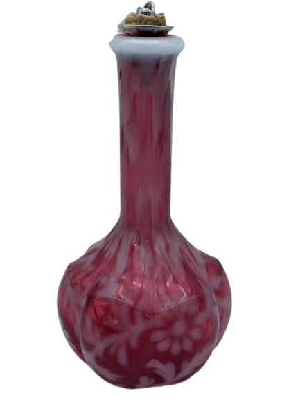 UNIQUE VINTAGE ETCHED PINK BLOWN GLASS DECANTER (1 of 4)