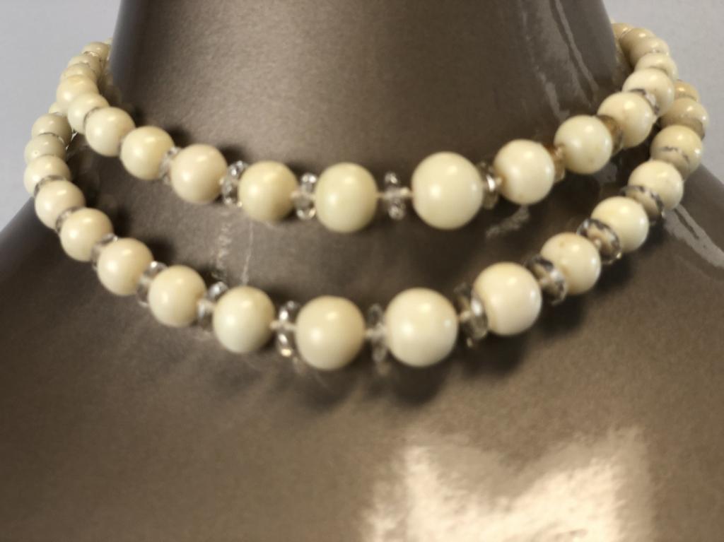 VINTAGE IVORY TONE BEADS & CRYSTAL NECKLACE: VINTAGE IVORY TONE BEADS & CRYSTAL NECKLACE - Double Strand Necklace- Silver Tone 14K Filagree Clasp- Good Used Condition Consistent with Age and Use
