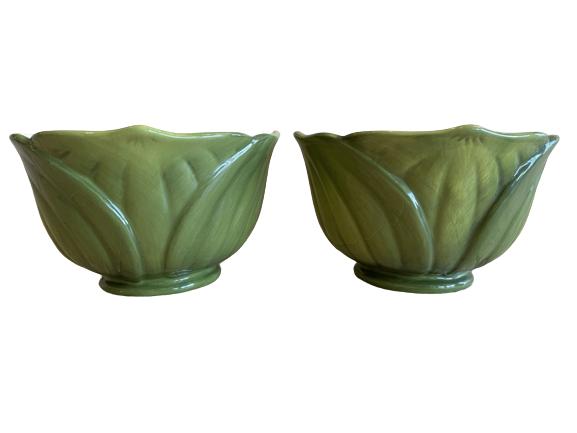 BETH YARBROUGH CERAMIC PALM BERRY BOWLS 6": PAIR OF CERTIFIED INTERNATIONAL BETH YARBROUGH CERAMIC BERRY BOWLS / PALM FROND GREEN PALM TREE -6" DIAMETER-VERY GOOD CONDITION-DP4622