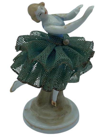 VINTAGE ASIAN BALLERINA WITH GREEN LACE TUTU: VINTAGE ASIAN BALLERINA WITH GREEN LACE TUTU- Hand Painted with Gold Leaf Accents- Made in Japan- Good Used Condition Consistent with Age and Use