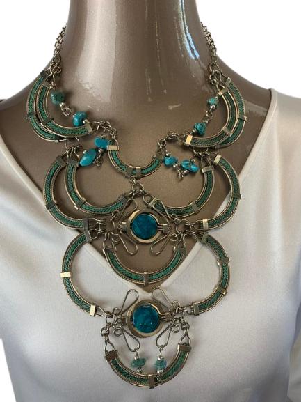ORNATE CHOKER STYLE TURQUOISE NECKLACE: TURQUOISE & BLUE STONE WIRE NECKLACE- Enameled Detail with Antique Metal Finish- S Hook Clasp