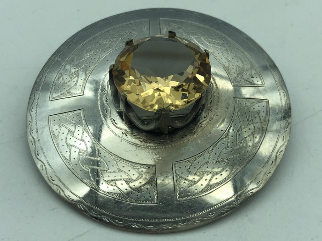 ARTISAN SILVER TONE & SMOKEY STONE BROOCH: ARTISAN SILVER TONE & SMOKEY STONE BROOCH - Features Large Smokey Colored Stone- Beautiful Raised Prong Setting- Good Used Condition Consistent with Age and Use