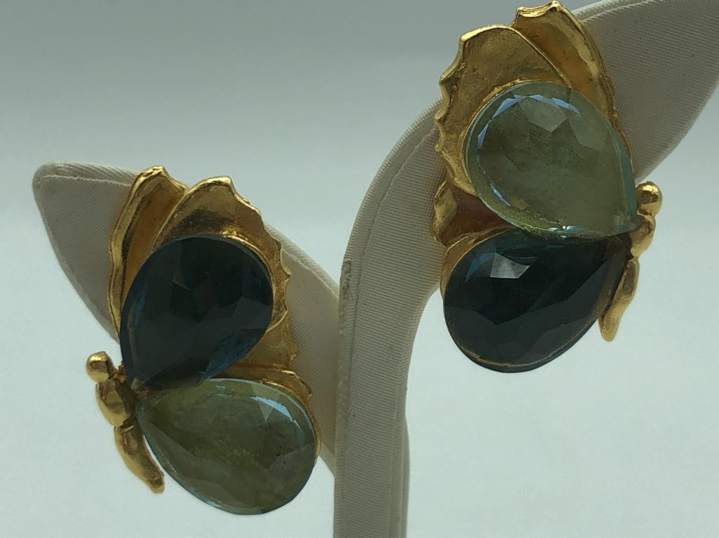 PARSEVAL BUTTERFLY JEWELED EARRINGS: PARSEVAL BUTTERFLY JEWELED EARRINGS- Various Green Stones- Gold Tone Clip On Design- Good Used Condition Consistent with Age and Use