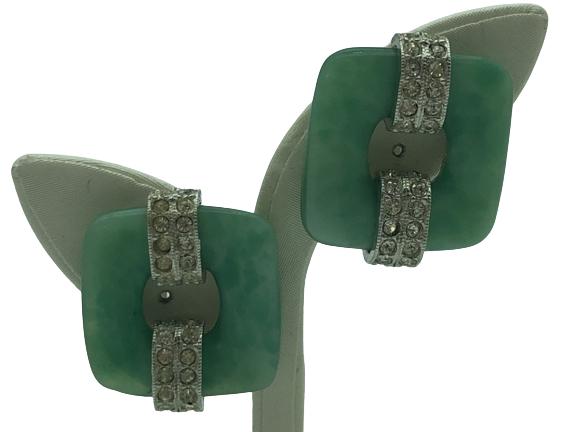 KENNETH LANE RHINESTONE & GREEN EARRINGS: KENNETH LANE RHINESTONE & GREEN EARRINGS - Jade Tone Stones with Rhinestone Detail- Clip On Vintage Design- Very Good Used Condition Consistent with Age and Use