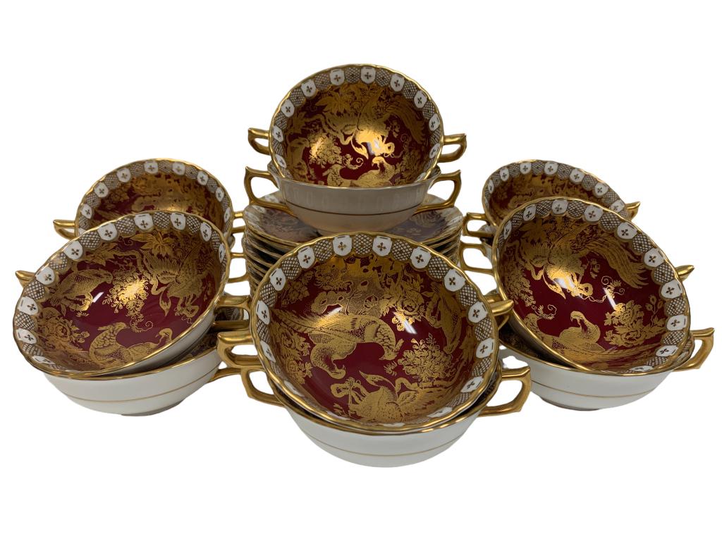 VTG SET ENGLISH ROYAL CROWN DERBY CHINA SOUP BOWLS: VTG SET ENGLISH ROYAL CROWN DERBY CHINA SOUP BOWLS & PLATES- Stunning Set of Rare English Bone China- Gold Leaf Detail- Soup Bowls and Plates- Very Good Overall Condition Wear Consistent with Age and 
