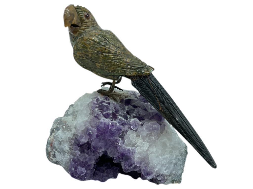CARVED PARROT ON AMETHYST CRYSTAL CLUSTER BASE 7" (1 of 6)