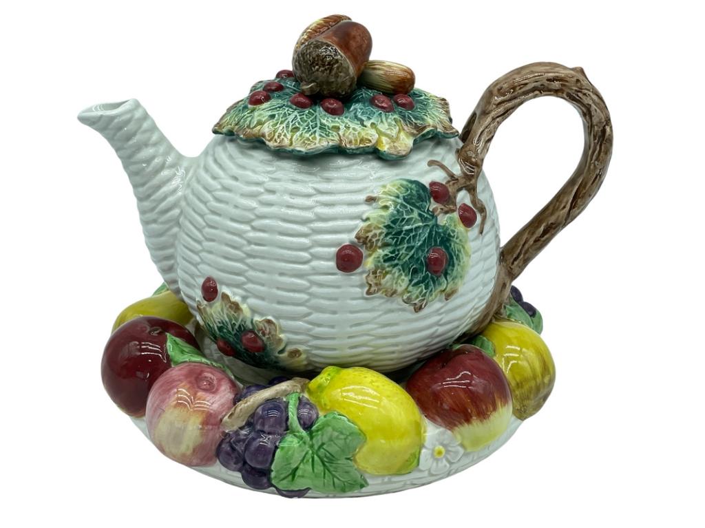 1991 FITZ & FLOYD FRUIT FAIR TEAPOT AND BASE 11": 1991 FITZ & FLOYD FRUIT FAIR TEAPOT AND BASE-9" X 11" TOTAL-VERY GOOD CONDITION, SEE PHOTOS-DP5322