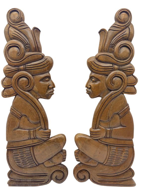 2 VINTAGE EL SALVADOR CARVED WOODEN MAYAN PLAQUES: 2 VINTAGE EL SALVADOR CARVED WOODEN MAYAN PLAQUES- Beautiful Hand Carved Detail- Very Good Overall Condition Wear Consistent with Age and Use (See Photos)- JB5622