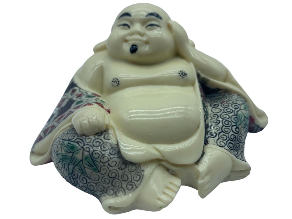 VINTAGE JAPANESE EROTIC ART NETSUKE BUDDHA 2 SIDED: VINTAGE JAPANESE EROTIC ART NETSUKE BUDDHA 2 SIDED- Ivory Colored Resin with Man & Woman Design on Back- Very Good Overall Condition Wear Consistent with Age and Use (See Photos)- JB5522