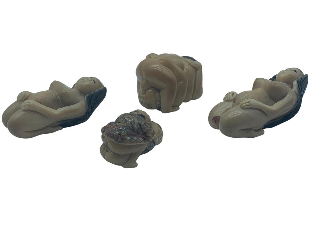 4 VINTAGE JAPANESE EROTIC ART NETSUKE FIGURINES: 4 VINTAGE JAPANESE EROTIC ART NETSUKE FIGURINES - Set of 3 Ivory Colored Resin Adult Themed Figurines- Condition Wear Consistent with Age and Use (See Photos)- JB5522