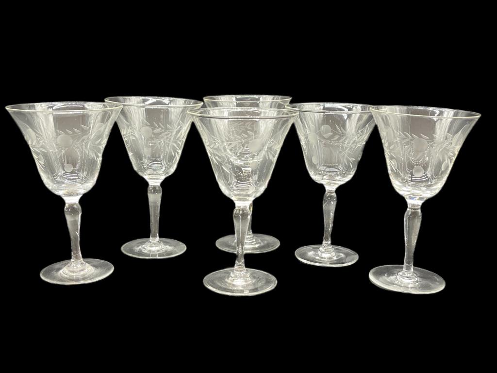 VTG SET OF 6 ETCHED WINE GLASSES: VTG SET OF 6 ETCHED WINE GLASSES -3 3/4"