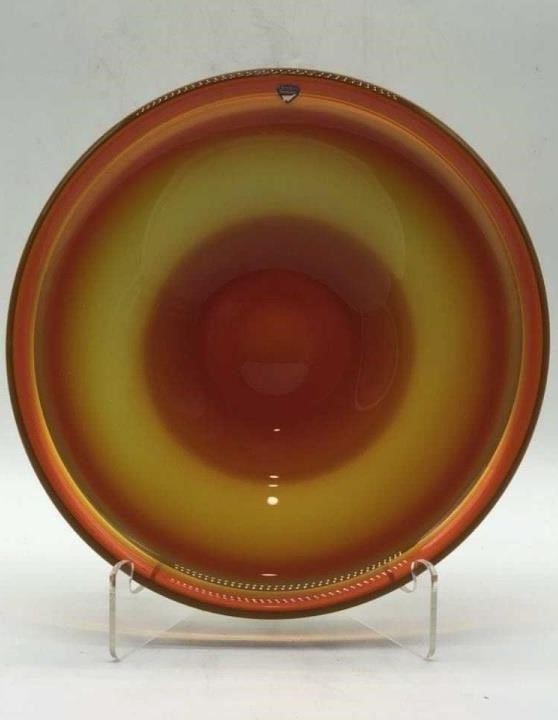 ORREFORS SWEDEN CASED LARGE GLASS BOWL 11"D: ORREFORS SWEDEN CASED LARGE GLASS BOWL WITH VIBRANT ORANGE AND YELLOW GLASS | TRADITIONAL MODERN HOME DECOR VINTAGE FURNITURE - SIGNED-11"D APPROX-VERY GOOD CONDITION WEAR CONSISTENT WITH AGE AND USE