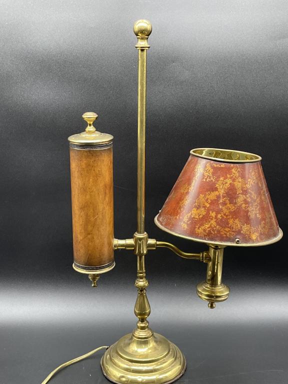 MAITLAND SMITH LEATHER & BRASS LAMP W TOLE SHADE (1 of 7)