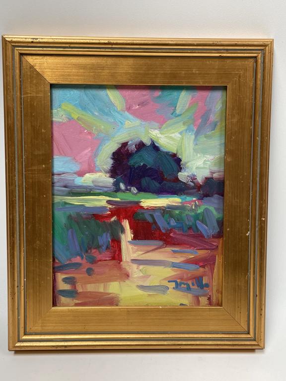 JOSE TRUJILLO BRIGHT MARSHLAND OIL PAINTING 19": JOSE TRUJILLO ORIGINAL IMPRESSIONIST OIL PAINTING "BRIGHT MARSHLAND "-19" X 16" APPROX TO FRAME-GOOD OVERALL CONDITION MINOR WEAR TO FRAME-DP51022