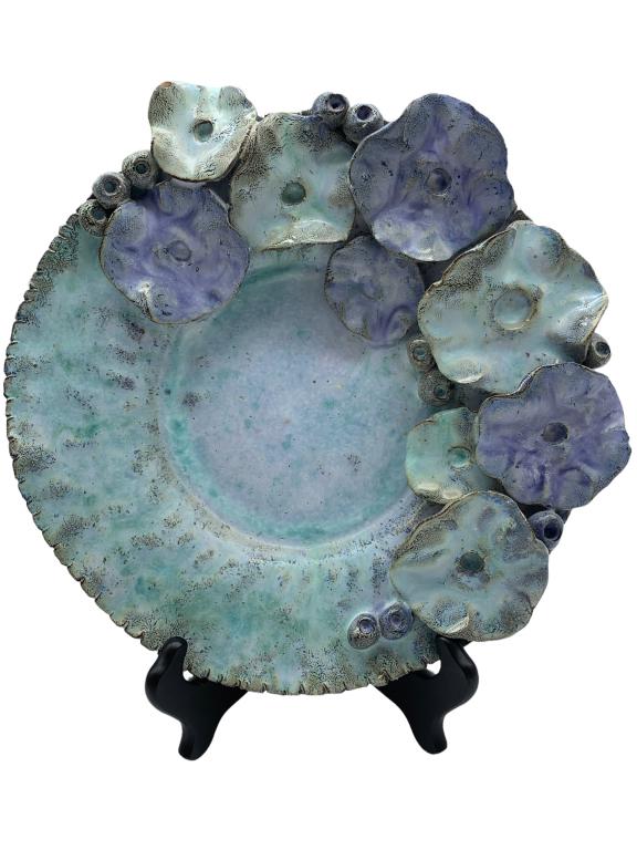 BALLAS GREECE ARTISAN WATER LILY EARTHENWARE PLATE: BALLAS GREECE ARTISAN WATER LILY EARTHENWARE PLATE- 11.5" Round- Good Pre-Owned Condition Wear Consistent with Age and Use (See Photos)- JB51222